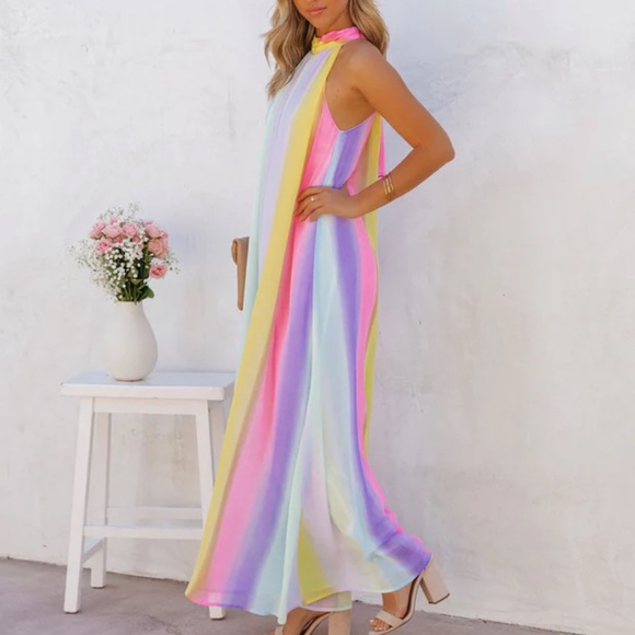 Striped Flowy Halter Jumpsuit - Picture 4 of 11